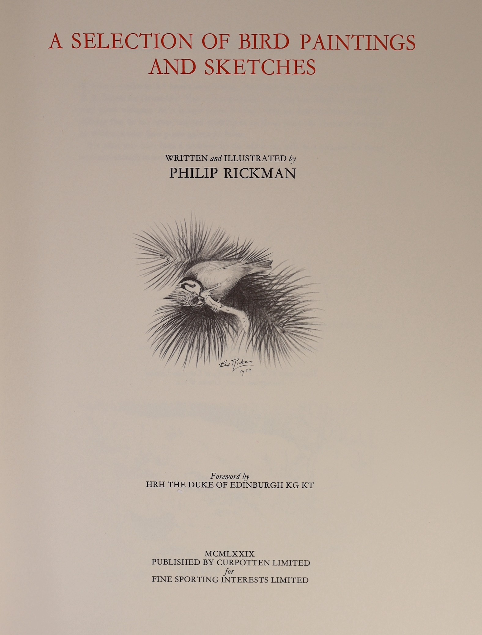 Rickman, Philip - A Selection of Bird Paintings and Sketches, folio, half green morocco, 463 of 500, signed by the artist author, with 31 colour plates, Curpotten Limited, 1979, in slip case.